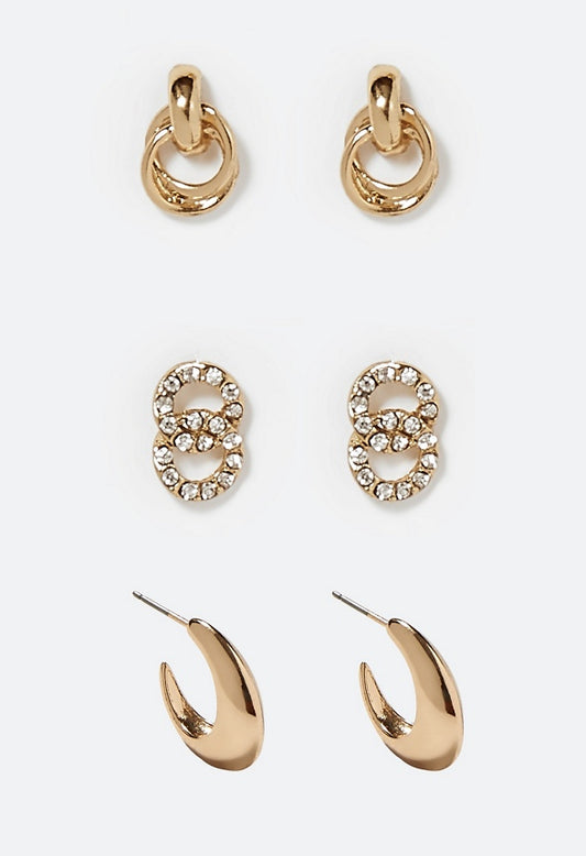 Fay 3 Pair Mixed Stud and Teardrop Earring Set Crystal/Gold