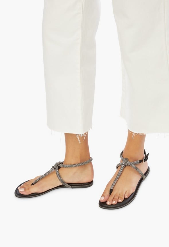 Ava Minimalist Flat Sandal Black Embellished