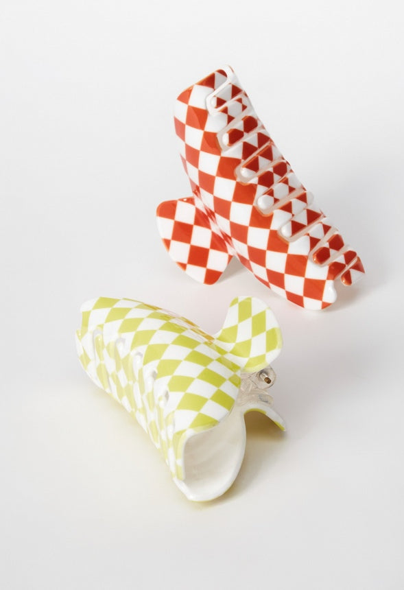 2 Pack Checkered Hair Claw Set Wild Lime/ Mandarin Orange