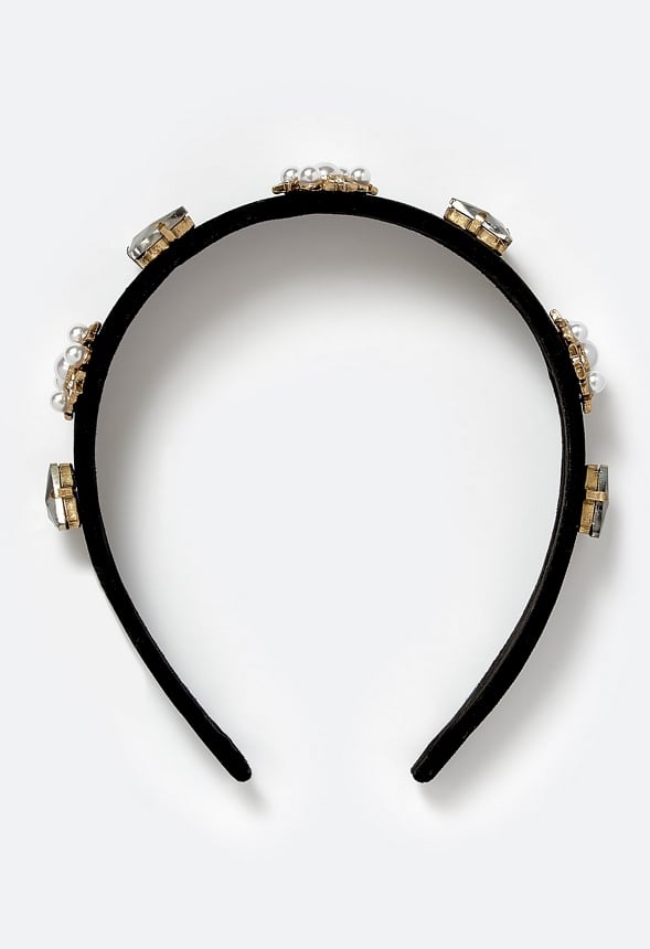 Bell Glass Pearls And Ornate Stones Velvet Alice Band Gold/ Black