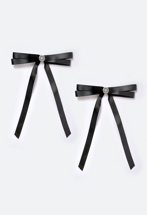 Alto 2 Pack Ribbon Bows With Glass Stone Detail On a Barrette Clip Crystal/ Black