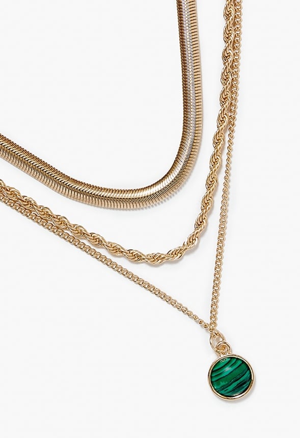 Nola Malachite Semi Precious Layered Necklace Green/ Gold