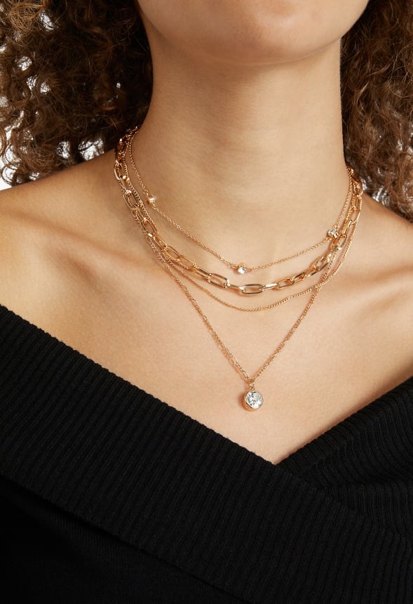 Annie Layer Chain Necklace With Glass Pendant Crystal/ Gold