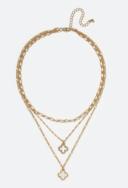 Kayla Layered Chain Necklace with Clover Motif Crystal/Gold