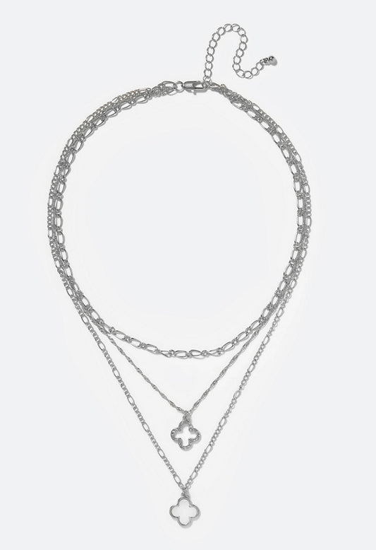 Kayla Layered Chain Necklace with Clover Motif Crystal/Silver