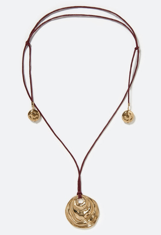 Lea Organic Metal Pendant Cord Necklace Burgundy/Gold