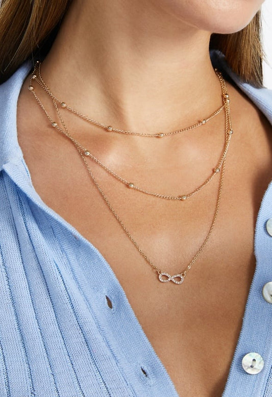 3-Rows Mia Fine Layered Necklace With Glass Stone Infinity Pendant Gold