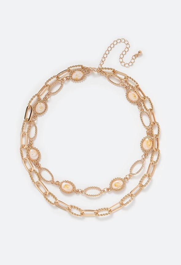 2-Rows Sia Oval Link Chain And Resin Inlay Beads Necklace Champagne/ Gold