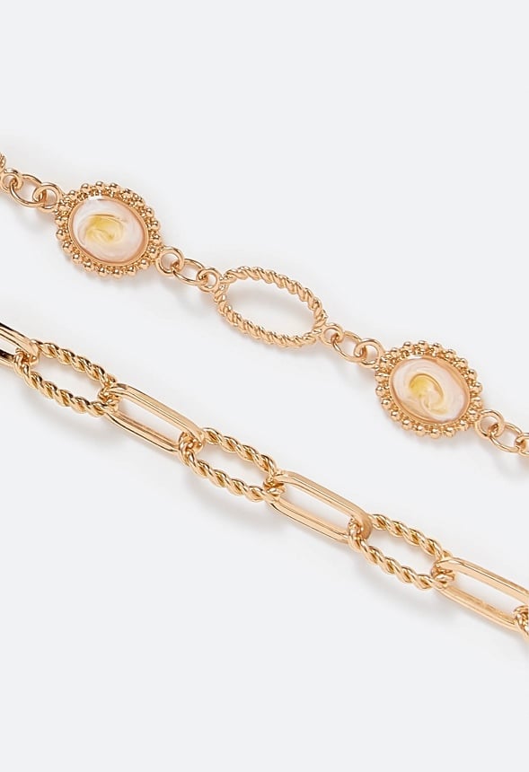 2-Rows Sia Oval Link Chain And Resin Inlay Beads Necklace Champagne/ Gold