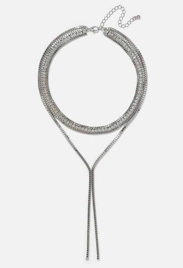 Ella 2 Row Box Chain & Glass Stone Necklace With Y-Drop Crystal/ Silver