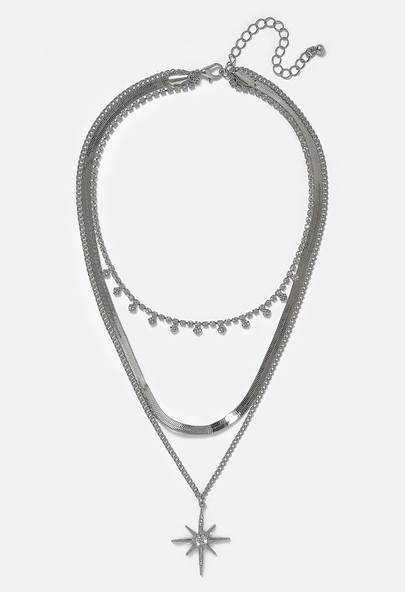 Alba 3 Row Celestial Motif And Glass Cupchain Necklace Crystal/ Silver