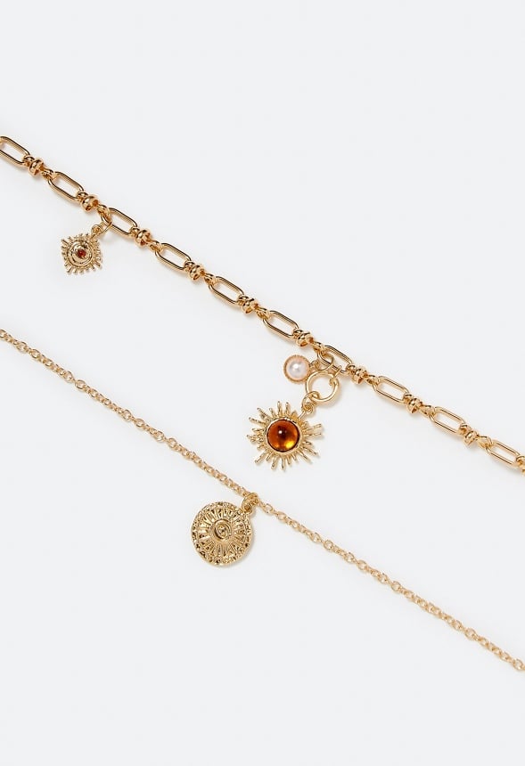 2-Row Sky Chain Necklace With Brown Inlay Sun Drop Brown/ Gold