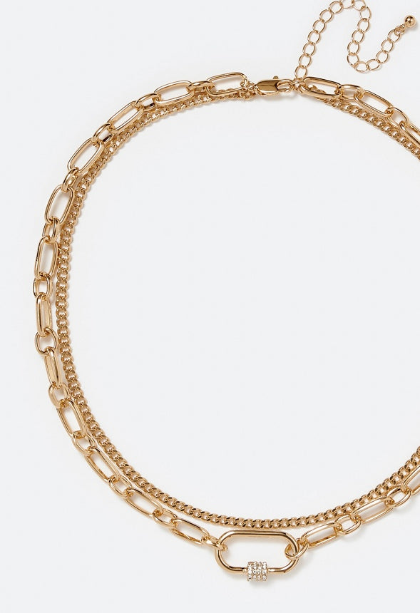 2-Row Sue Chain Necklace With Pave Detail Clasp Gold