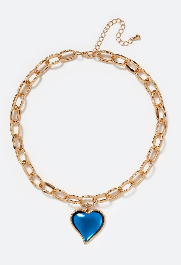 2-Row Mara Link Chain Necklace With Heart Drop Blue/ Gold
