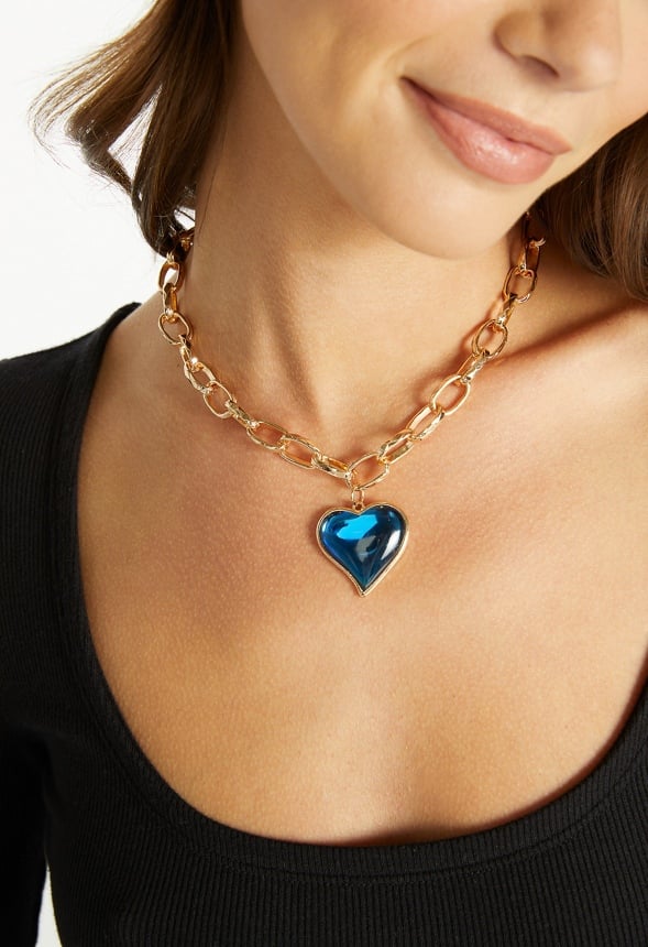 2-Row Mara Link Chain Necklace With Heart Drop Blue/ Gold