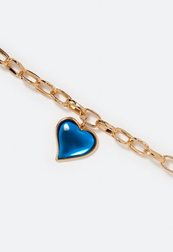 2-Row Mara Link Chain Necklace With Heart Drop Blue/ Gold