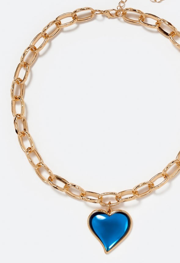 2-Row Mara Link Chain Necklace With Heart Drop Blue/ Gold