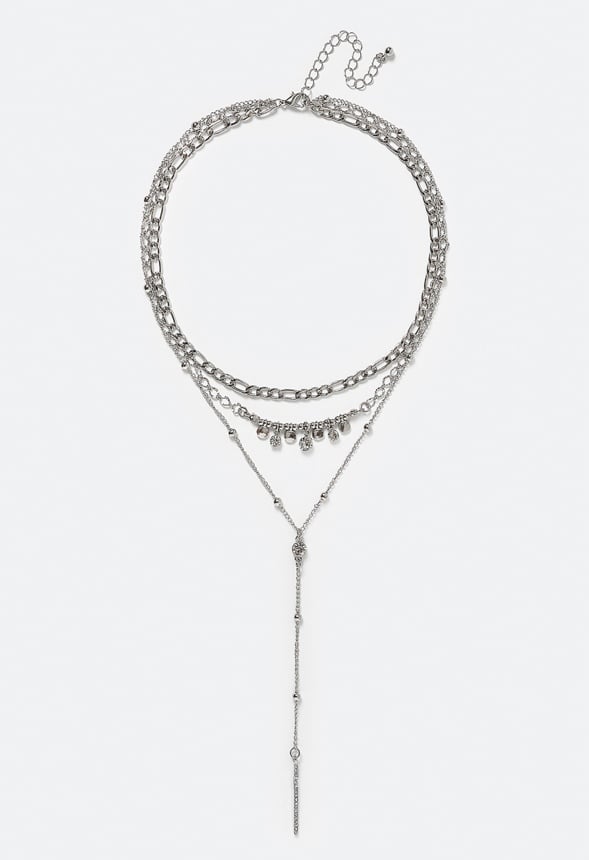 3-Rows Elia Necklace With Glass Stones And Disc Drops Silver/ Silver