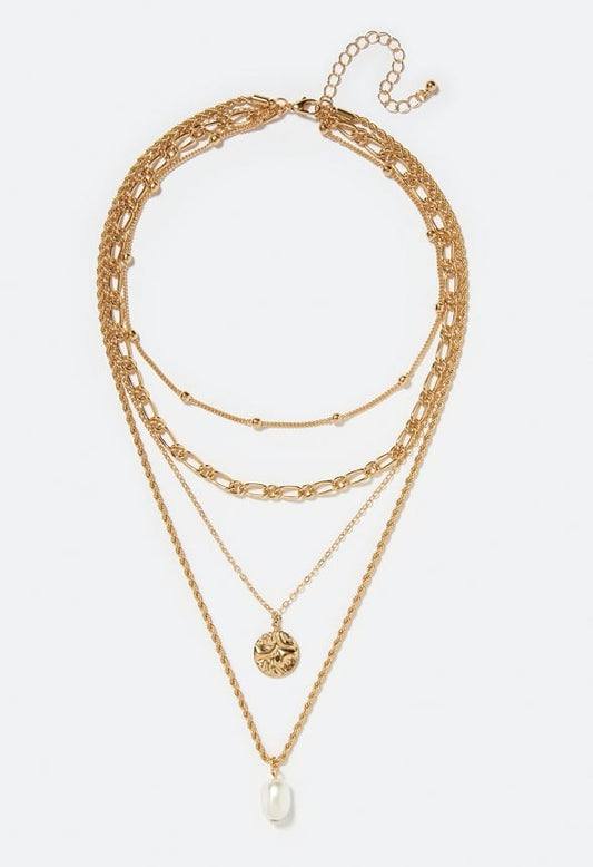 4-Row Leah Layered Necklace With Disc And Pearl Drops Cream/ Gold