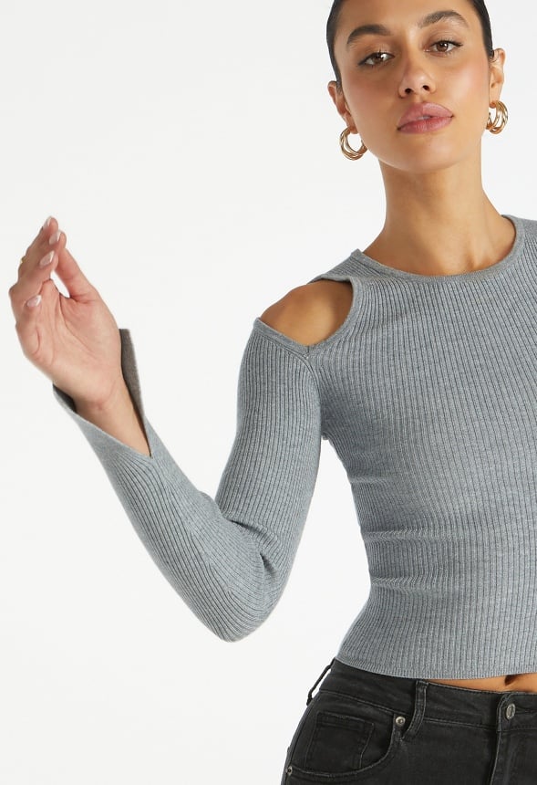 Cutout Cold Shoulder Long Sleeve Top Medium Heather Grey