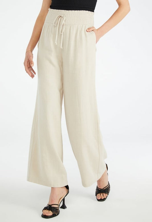 Smocked Wide Leg Trousers Cement Beige