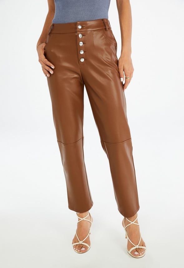 Faux Leather Straight Crop Trousers Coffee