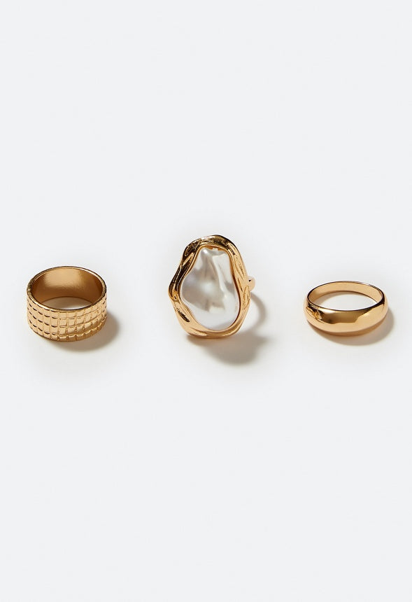 Lori Organic Pearl And 3 Rings Metal Set Cream/ Gold