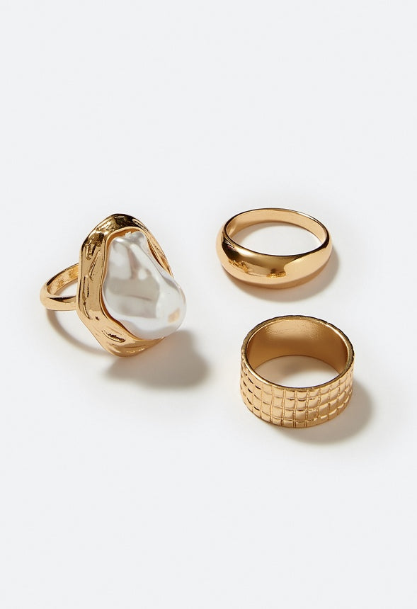 Lori Organic Pearl And 3 Rings Metal Set Cream/ Gold