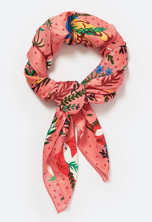 Eli Multicoloured Birds Print Silk Like Scarf Orange Mix/ Fabric