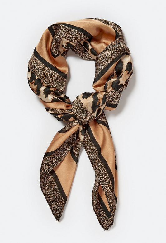 Zuri Animal Print Silk Like Scarf With Tan Border Tan/ Black Mix/ Fabric