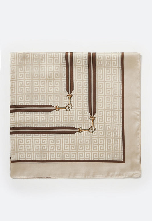 Riva Geometric Motif Silklike Square Scarf Tan/Cream