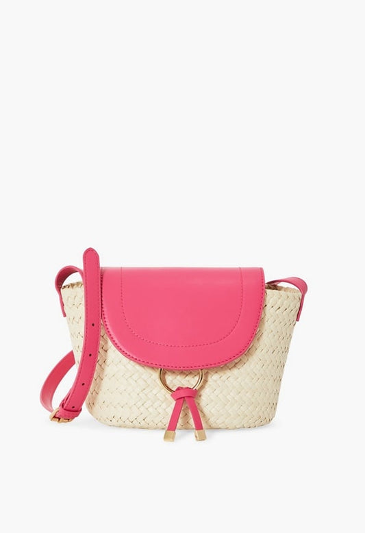 Raffia Flapover Shoulder Bag Natural/Fuchsia