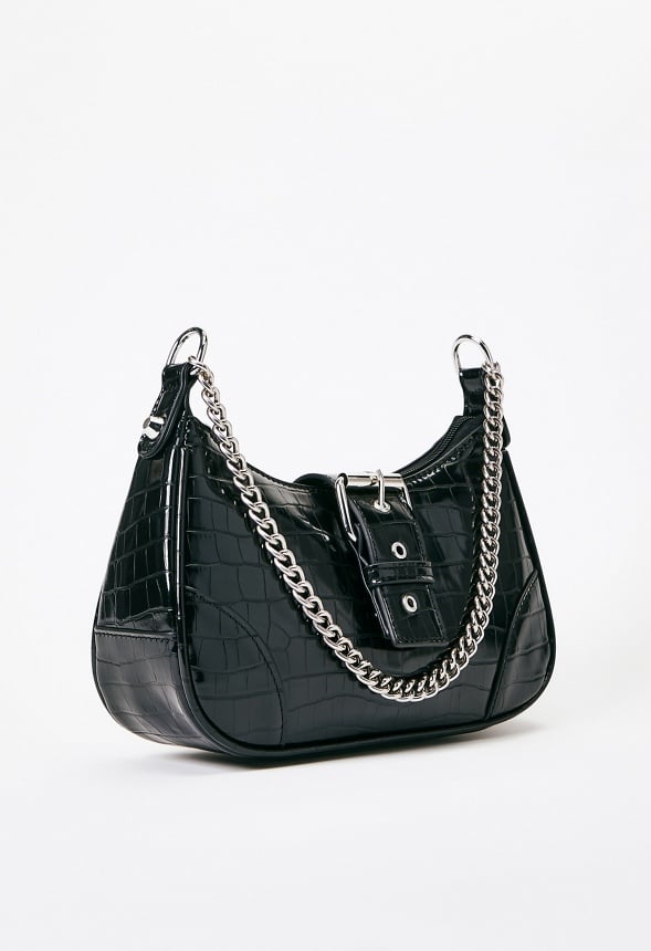 Shoulder Bag with Buckle Flap Black Croc