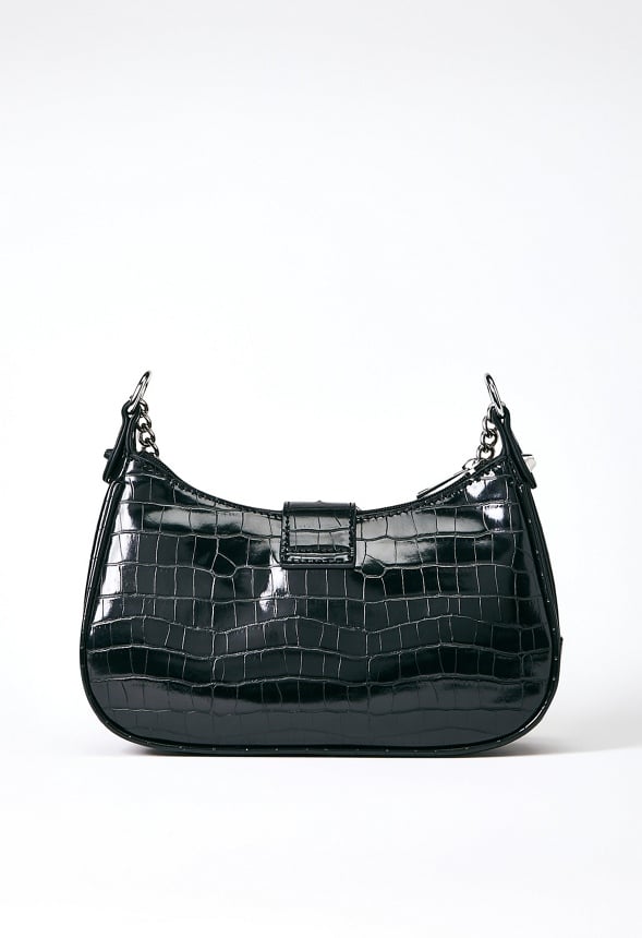 Shoulder Bag with Buckle Flap Black Croc