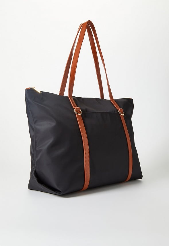 Nylon Tote Black/ Leather Brown