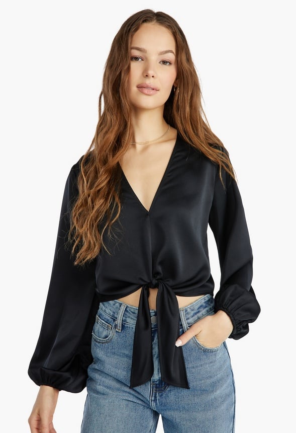 Front Tie Blouson Sleeve Blouse Black Caviar